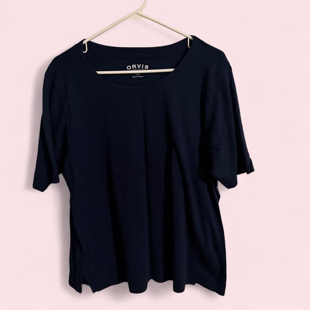 Orvis top women XL navy blue pima cotton solid scoop neck short sleeve